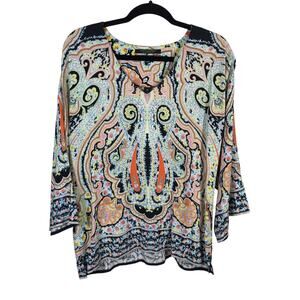 Scotch & Soda Stardust Motel Top Womens 2/M Blue Paisley V-Neck 3/4 Sleeve Shirt